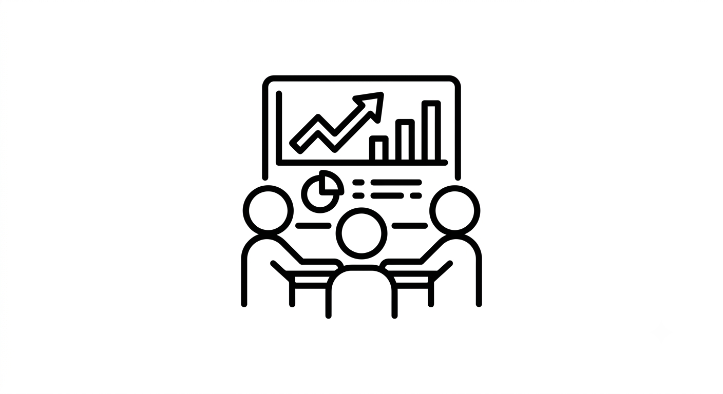 Line graph with upward trend, bar chart, and pie chart on presentation screen, with three people sitting at a table discussing data.
