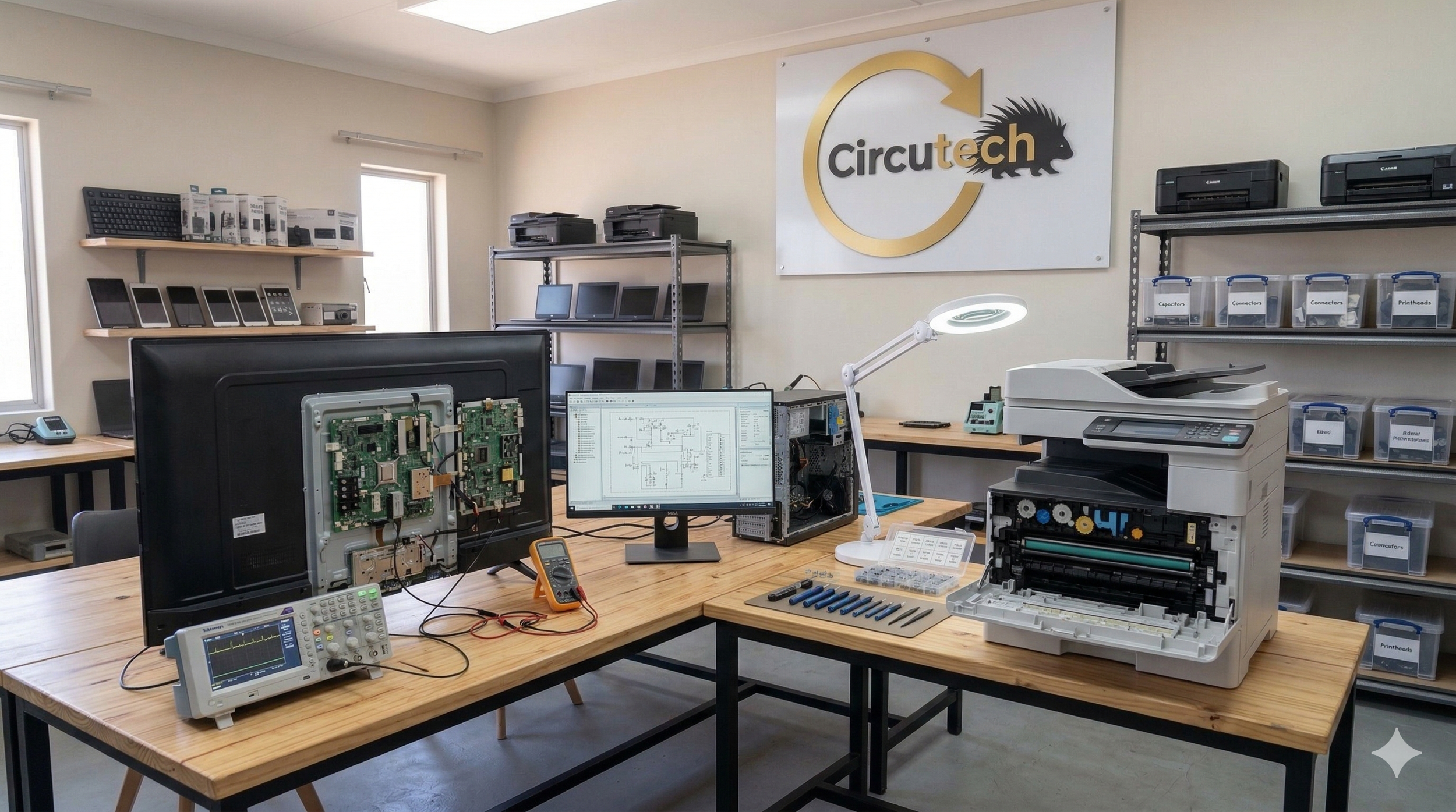 A technology repair workshop with multiple tables and shelves. Contains disassembled electronic devices, circuit boards, a monitor, diagnostic tools, printers, and labeled storage bins. The wall features a sign with the logo 'Circutech' and a creature graphic.