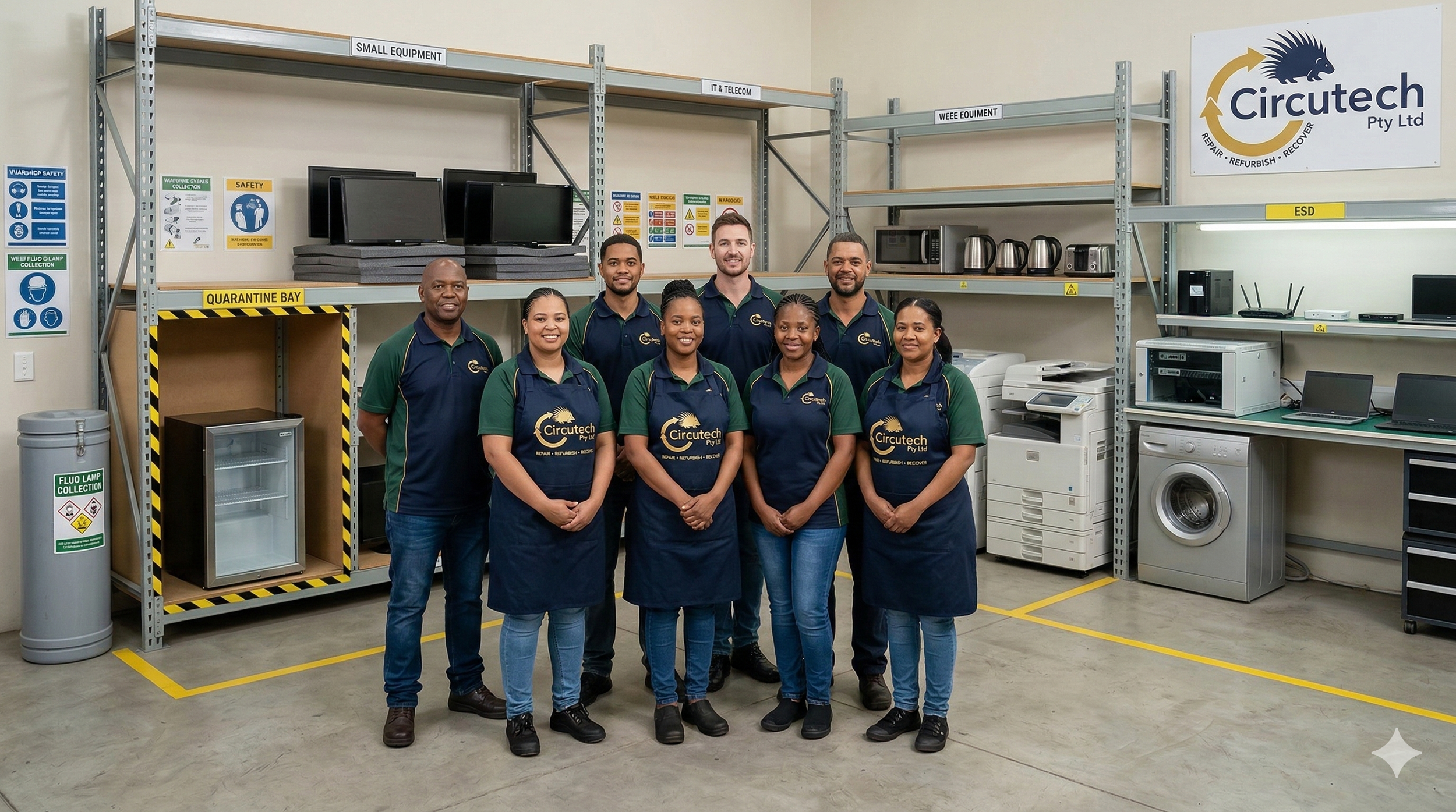 Group of nine staff members in a repair shop, standing in front of metal shelves filled with electronic equipment and tools, all wearing matching uniforms with the 'Circutech Pty Ltd' logo.