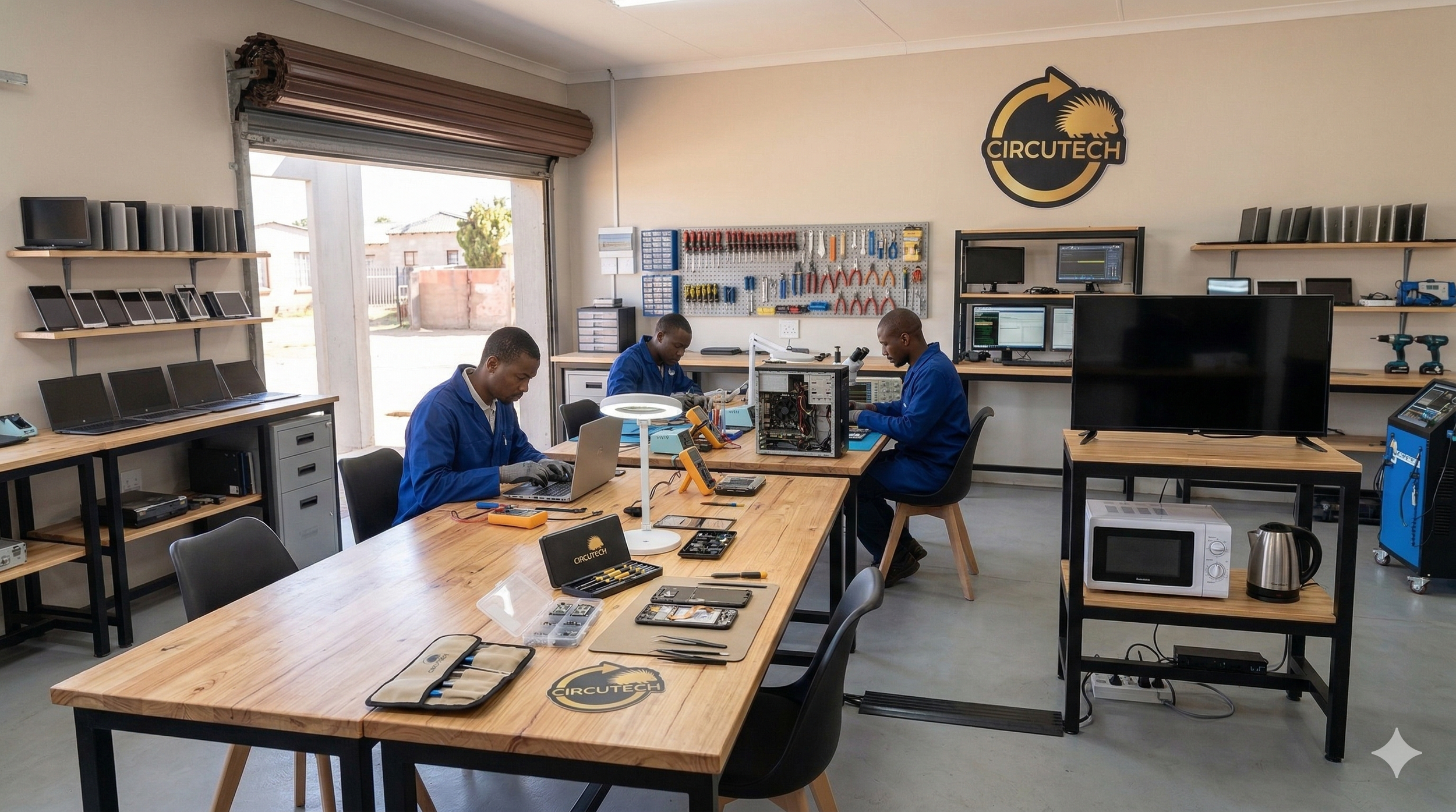 Three men working on electronic devices in a workshop with tools and computer equipment, with a sign that reads 'CIRCUTECH' and a logo of a hedgehog.