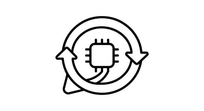 The image shows a microchip surrounded by a circular arrow, indicating data update or refresh related to microtechnology or computing.