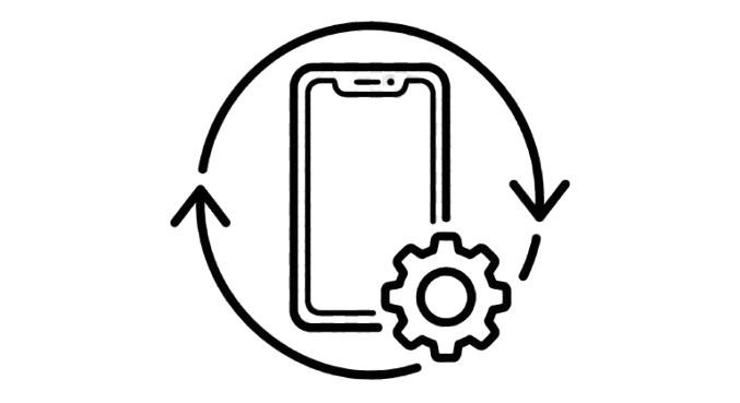 Outline of a smartphone with a gear icon and circular arrows around it, indicating device update or maintenance.