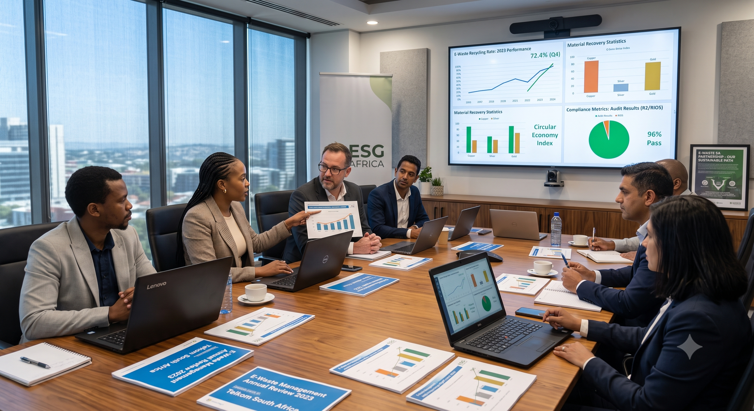 A diverse group of professionals in business attire attending a meeting in a modern conference room with large windows. Some participants are using laptops, and a woman is presenting data from a printed chart. The room features a large screen displaying various business graphs and statistics, with a sign that says 'ESG AFRICA' and a poster on the wall.
