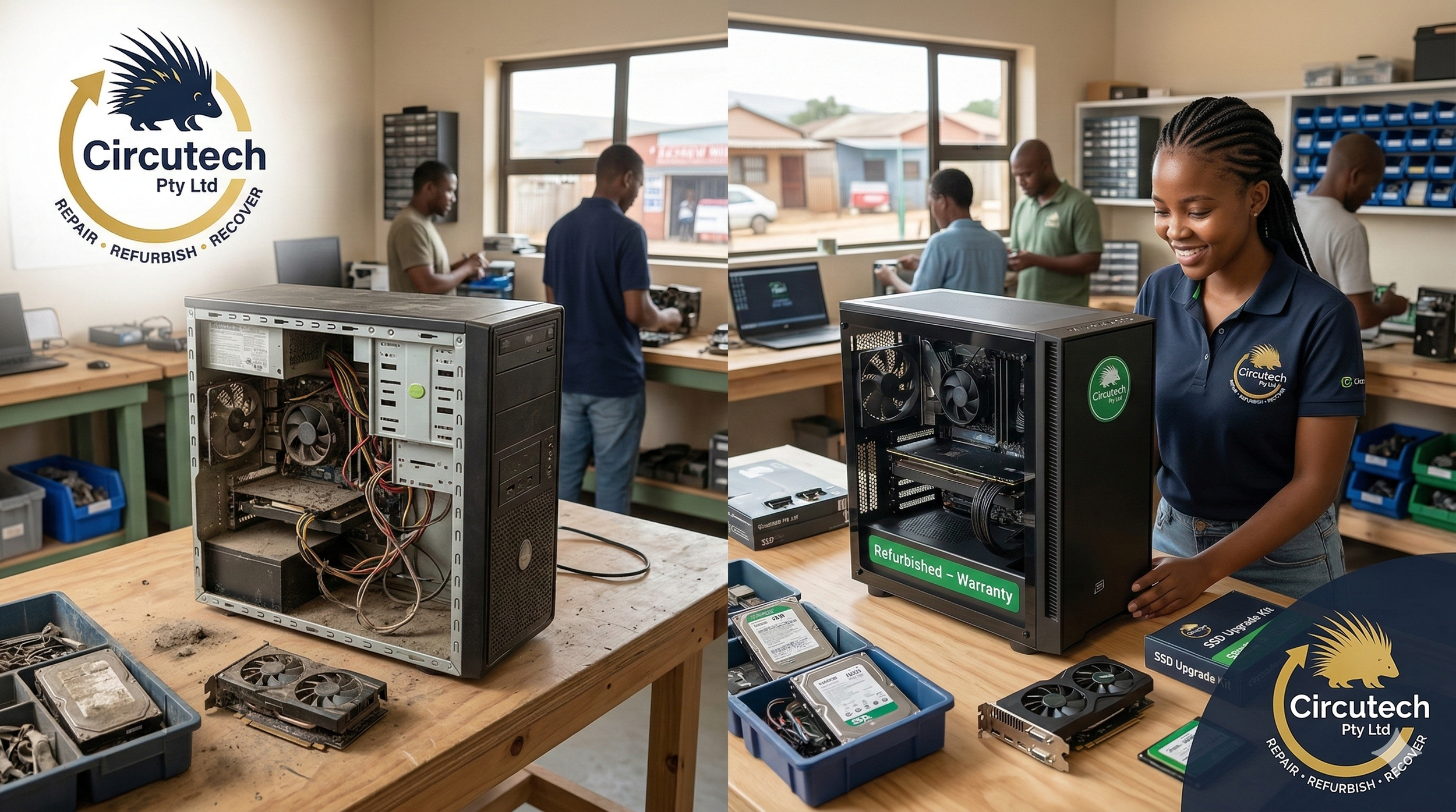 Side-by-side photos of a computer repair shop. The left shows an old, disassembled desktop with exposed internal components, dusty and used. The right shows the same workspace with a refurbished, new-looking computer tower, a smiling female employee, and organized parts and tools, with the shop's logo visible on her shirt.