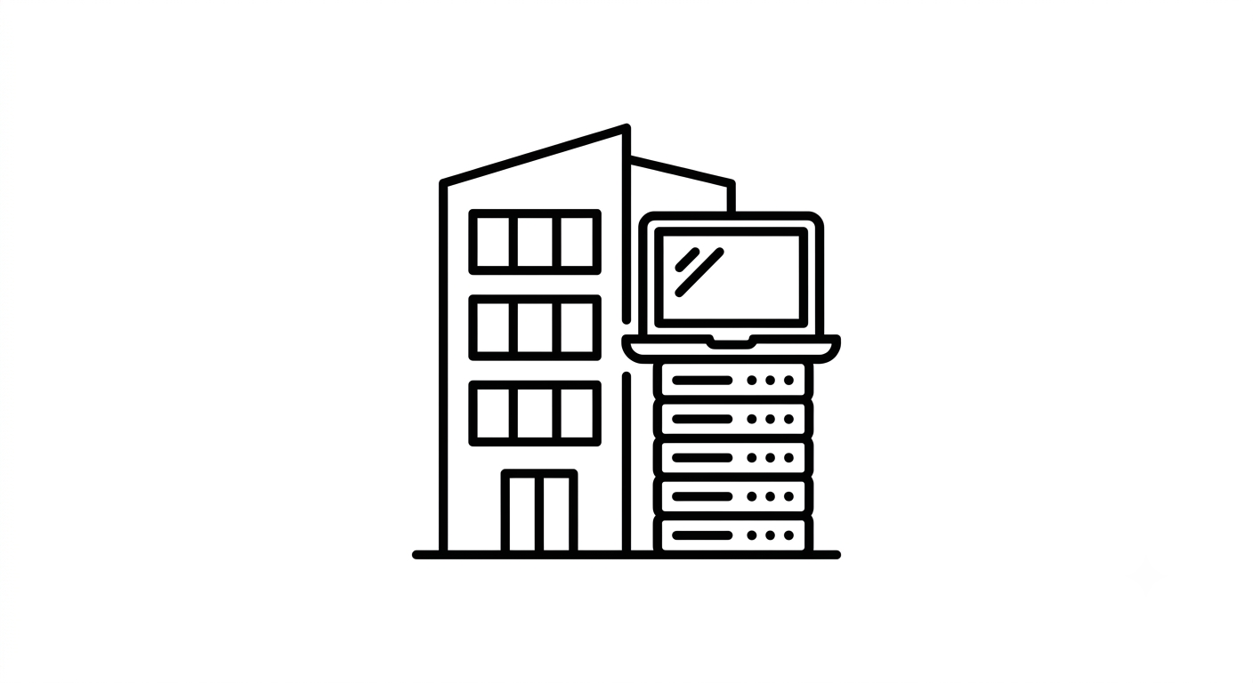 Line drawing of a modern building with a large window, a door, and a tower of servers with a computer monitor on top.