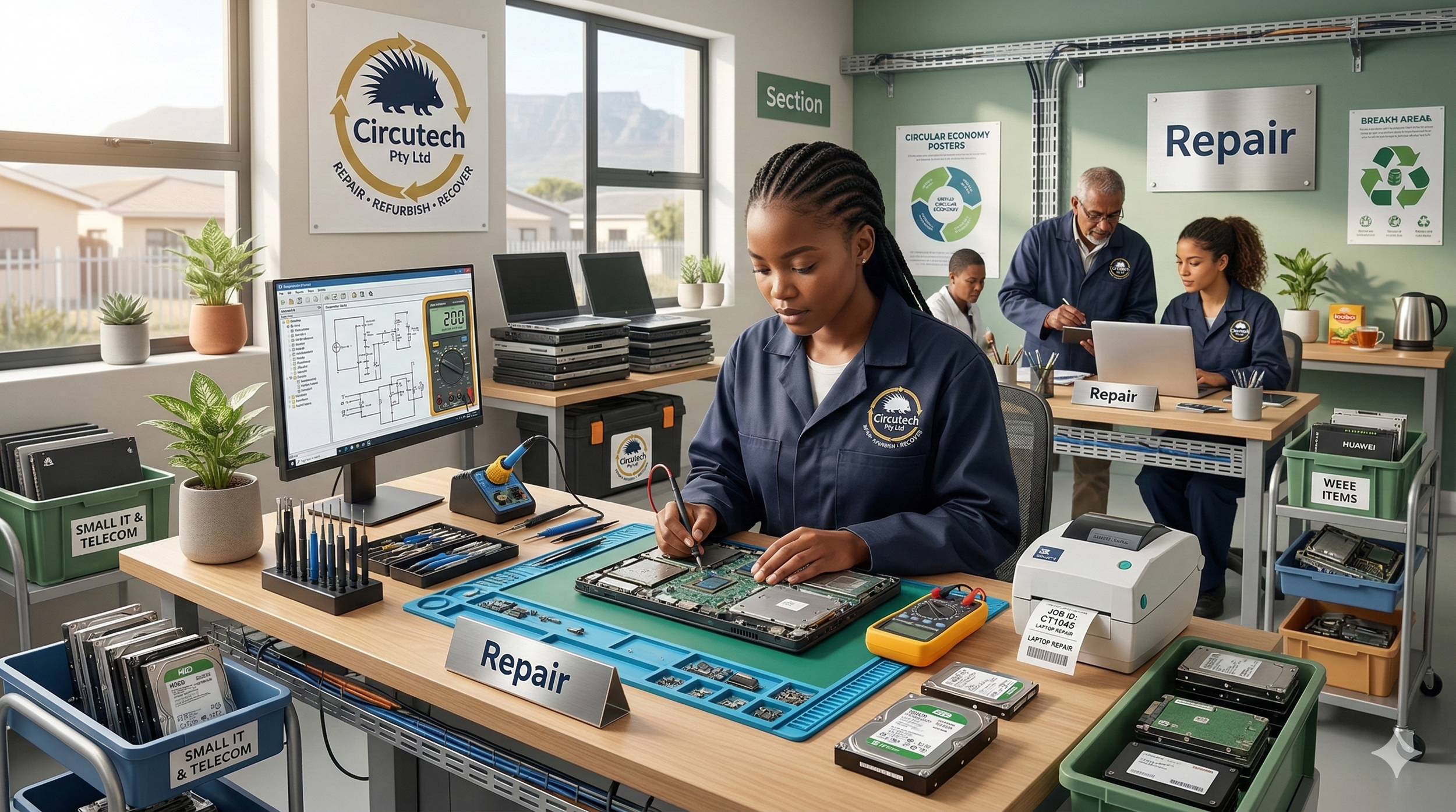 Technicians working on laptop repair and electronics assembly in a well-lit, organized workshop at Circutech Pty Ltd, with repair signs and various electronic components and tools on workbenches.