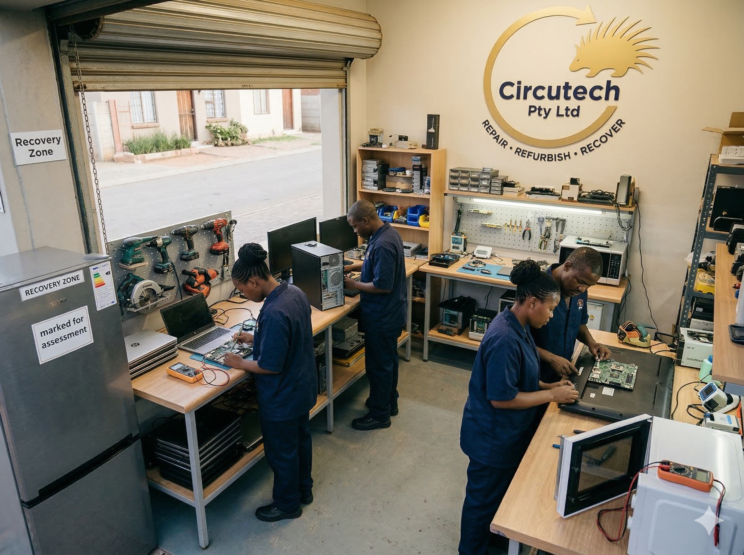 Inside an electronics repair workshop with workers repairing electronic devices and computers. The wall displays the logo of Circuttech Pty Ltd with the words 'Repair - Refurbish - Recover.' There are workbenches with tools, electronic components, and equipment, and a partially open roller garage door revealing the street outside.