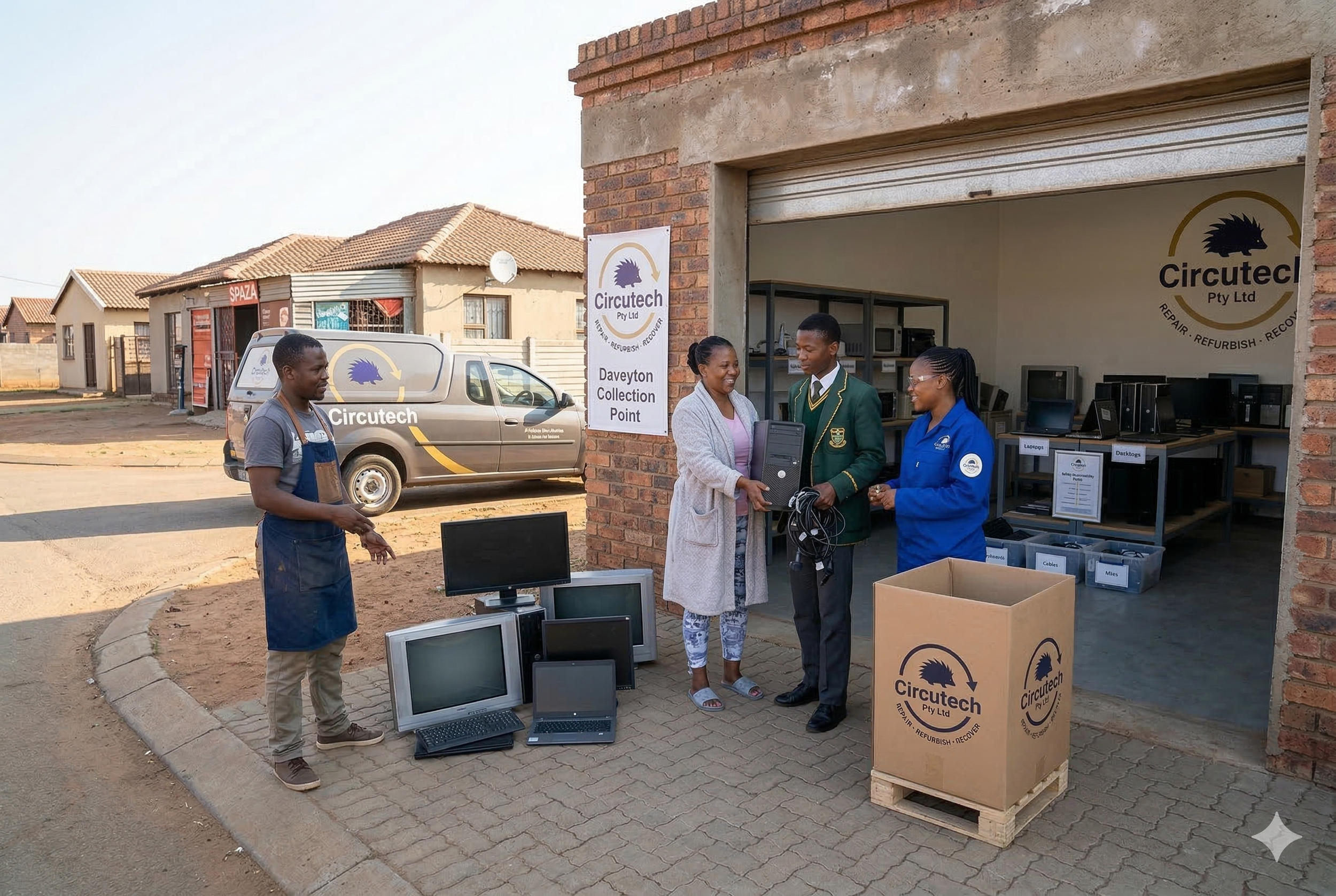People at a small tech repair booth outside a brick building, with computers and electronic equipment, and a Circuttech sign indicating repair, refurbishment, and recovery services.