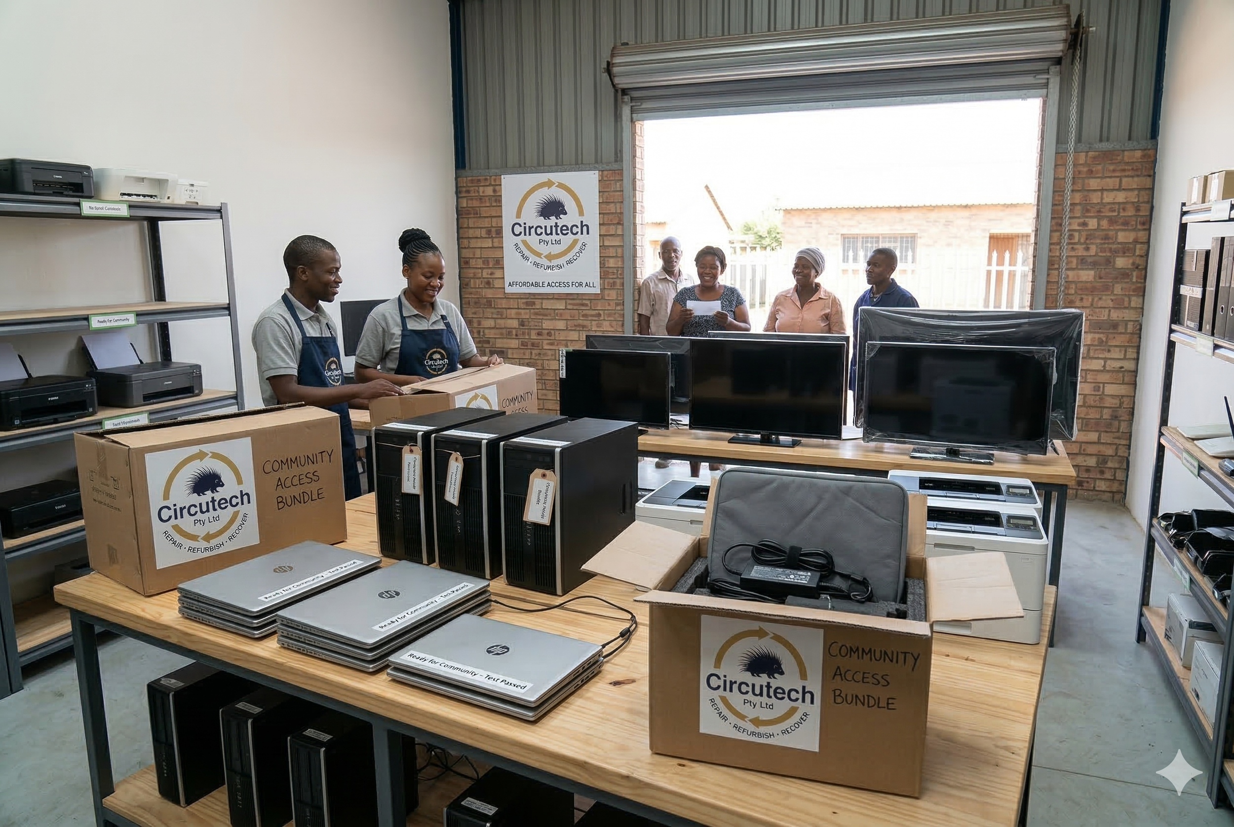Inside a community tech repair store with shelves of computers, printers, and boxes labeled 'Community Access Bundle' and promotional signs for Circuttech. Several people are working and smiling, with a large open garage door and brick wall in the background.