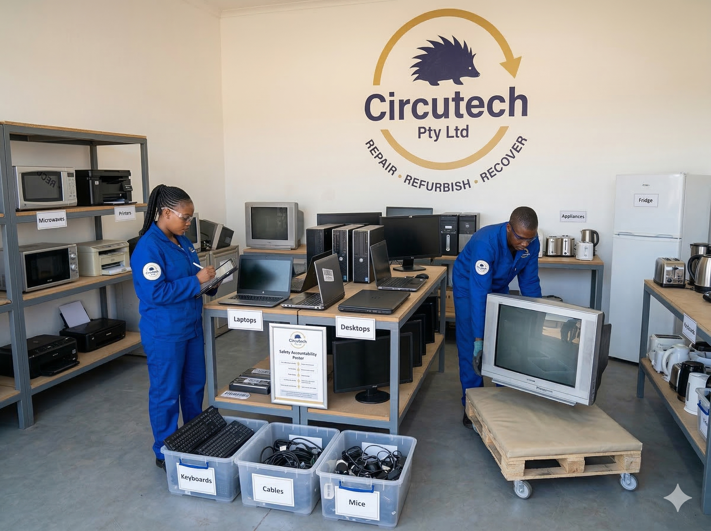 A room with shelves filled with various electronic appliances like microwaves, printers, and desktop computers, and labeled boxes containing keyboards, cables, mice, and other accessories. Two workers in blue uniforms are managing the equipment, and a large logo on the wall reads 'Circutech Pty Ltd' with a hedgehog graphic and the words 'Repair,' 'Refurbish,' 'Recover'.