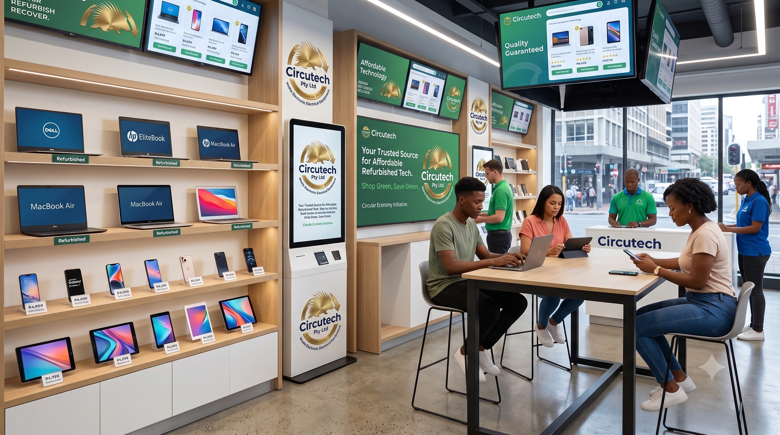 Interior of a tech store with shelves of refurbished laptops and tablets, digital displays with promotional content, and customers interacting with staff and products.
