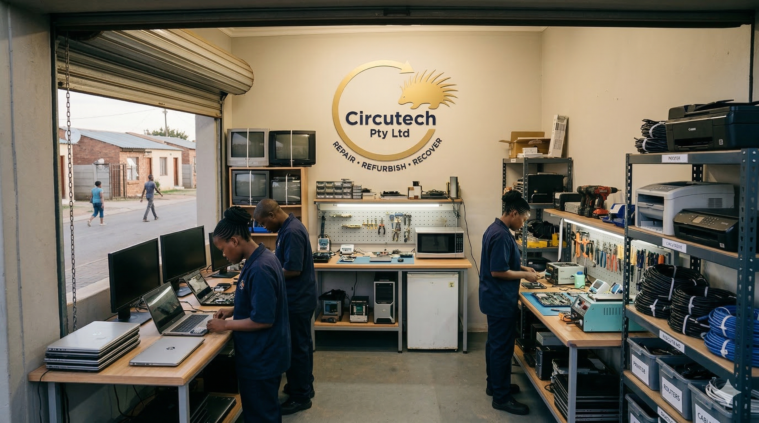 Inside a repair shop with three workers working on laptops and electronic devices, shelves with various equipment and tools, and a large sign on the wall reading 'Circutch Pty Ltd' with words 'Repair,' 'Refurbish,' and 'Recover'.