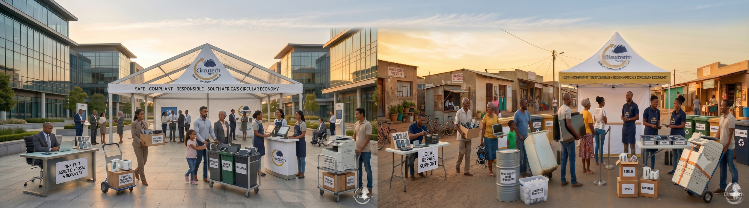 Side-by-side comparison of two community outreach events promoting recycling and sustainability. The left image shows a modern, urban event with a large white tent labeled 'Circutech' and banners emphasizing safety, compliance, responsibility, and South Africa's circular economy. Attendees interact with informational booths on asset disposal, mobile devices, and local repair support, with some officials and volunteers managing the booths. The right image depicts a community gathering in a more informal, rural setting with a similar white tent and 'Circutech' branding. People are lining up at booths selling or recycling household items such as lamps, irons, and baby bottles, with some volunteers further engaging the community around recycling efforts.