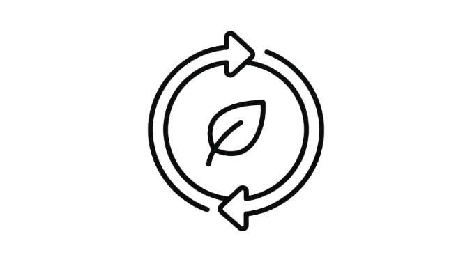 Icon of a circular arrow surrounding a leaf, representing eco-friendly or sustainability concept.