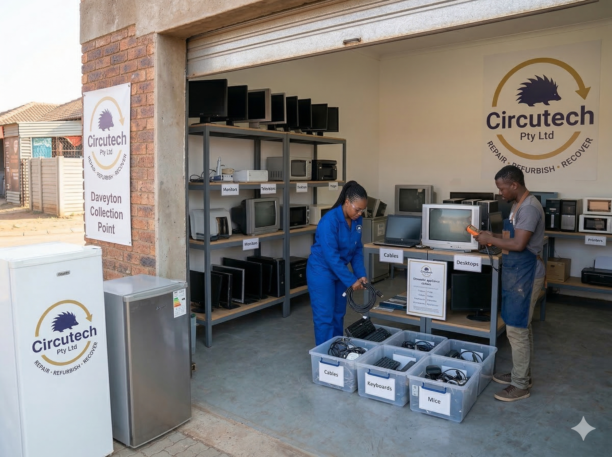 A storefront with signs for Circutech Pty Ltd. and a collection point for electronic items like monitors, televisions, cables, keyboards, and mice. Inside, two people are working with electronic equipment and devices displayed on shelves and in plastic bins.