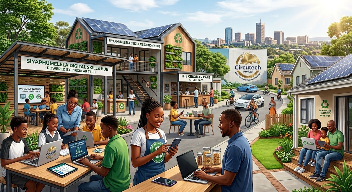 Illustration of a community eco-center with green spaces, buildings with solar panels, and people engaging in outdoor activities like working on laptops, cycling, and socializing. Signs for digital skills hub, circular economy hub, cafe, and waste recycling are visible.
