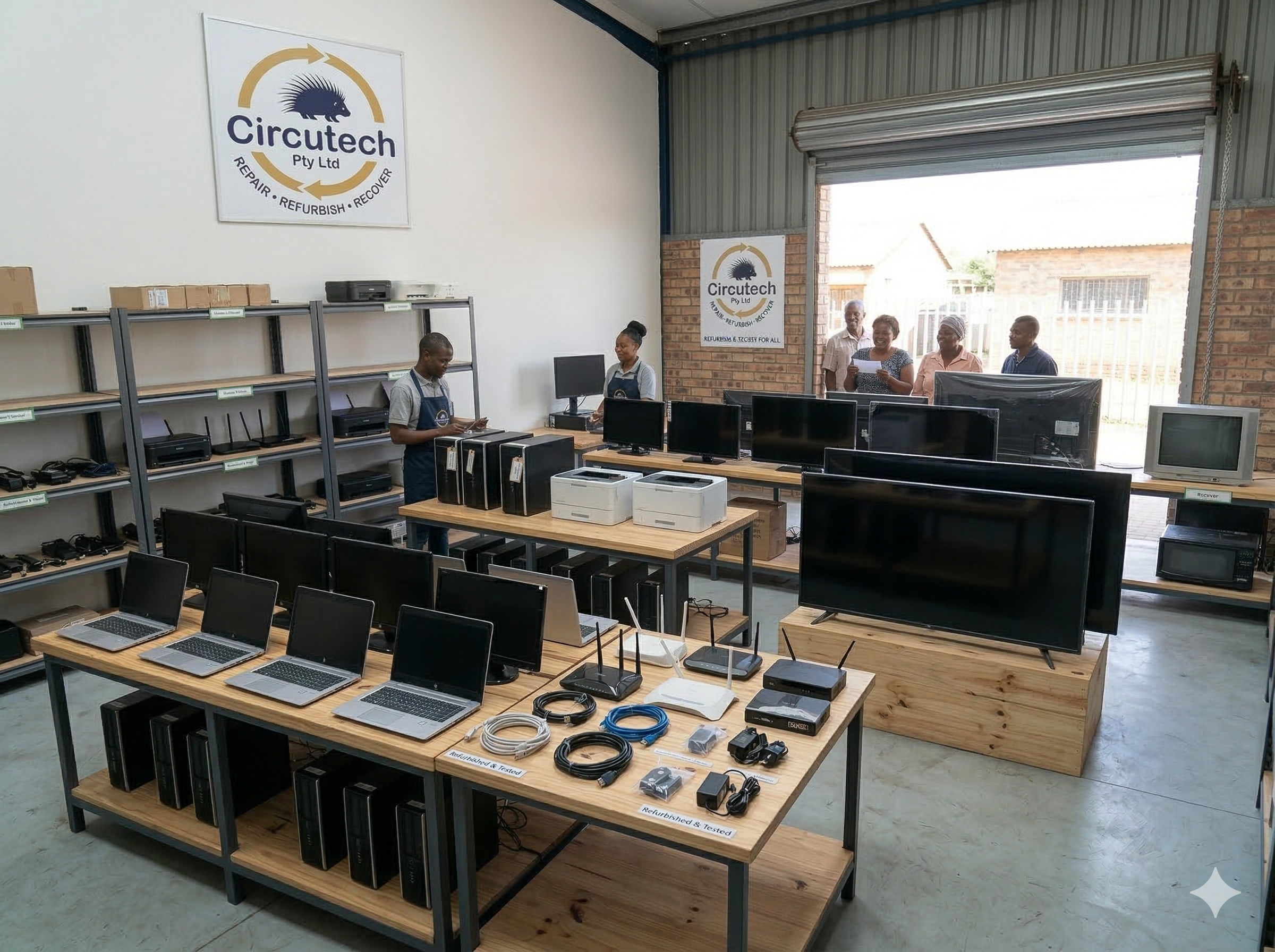 Inside a workshop or electronics store with multiple tables displaying laptops, electronic components, and networking equipment. Several people are present, some inspecting items and others engaging in conversation. The shop has shelves with equipment and a large open garage door, with signs displaying the brand "Circutach" and services such as repair, refurbish, and recover.