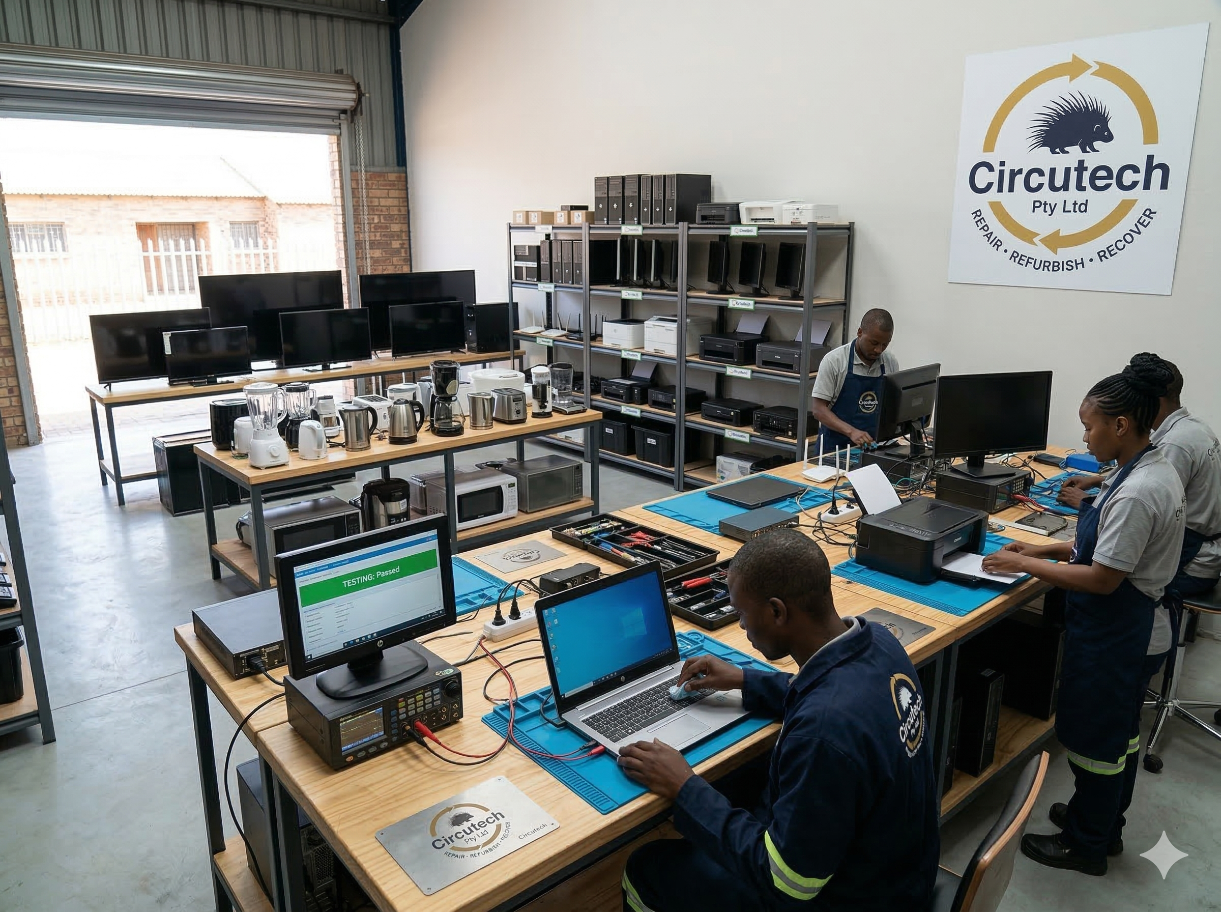 Interior of a computer repair shop with multiple monitors, laptops, and electronic equipment on tables and shelves, with workers assembling or repairing devices, and a sign that reads 'Circutech Pty Ltd Repair, Rebuild, Recover' on the wall.