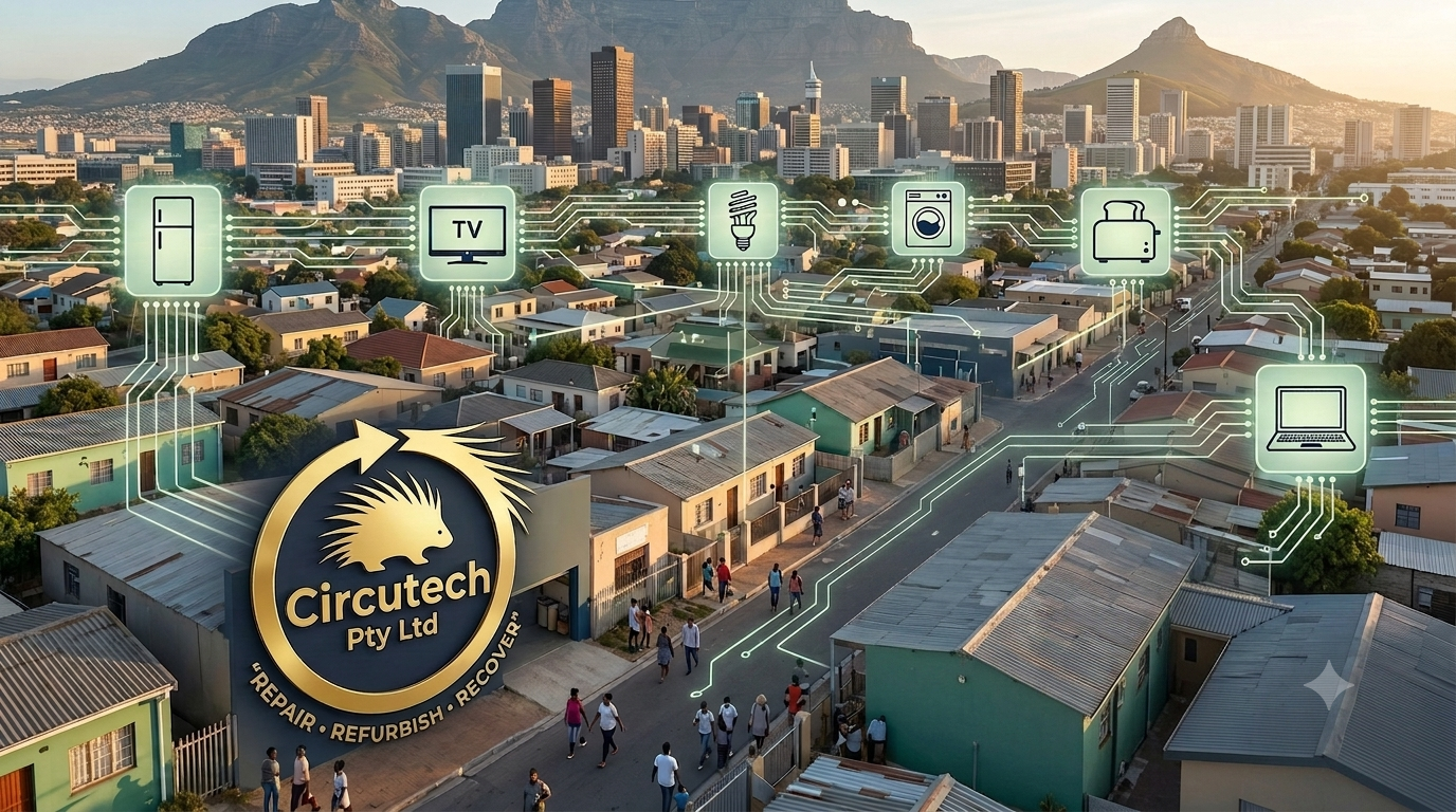 A city neighborhood with houses and a skyline of tall buildings in the background. Overlay graphics depict smart home technology icons such as refrigerator, TV, light bulb, washing machine, toaster, and laptop, connected by lines. A logo reading 'Circutech Pty Ltd' with a hedgehog image and the words 'Repair, Refurbish, Recover' is prominent in the foreground.