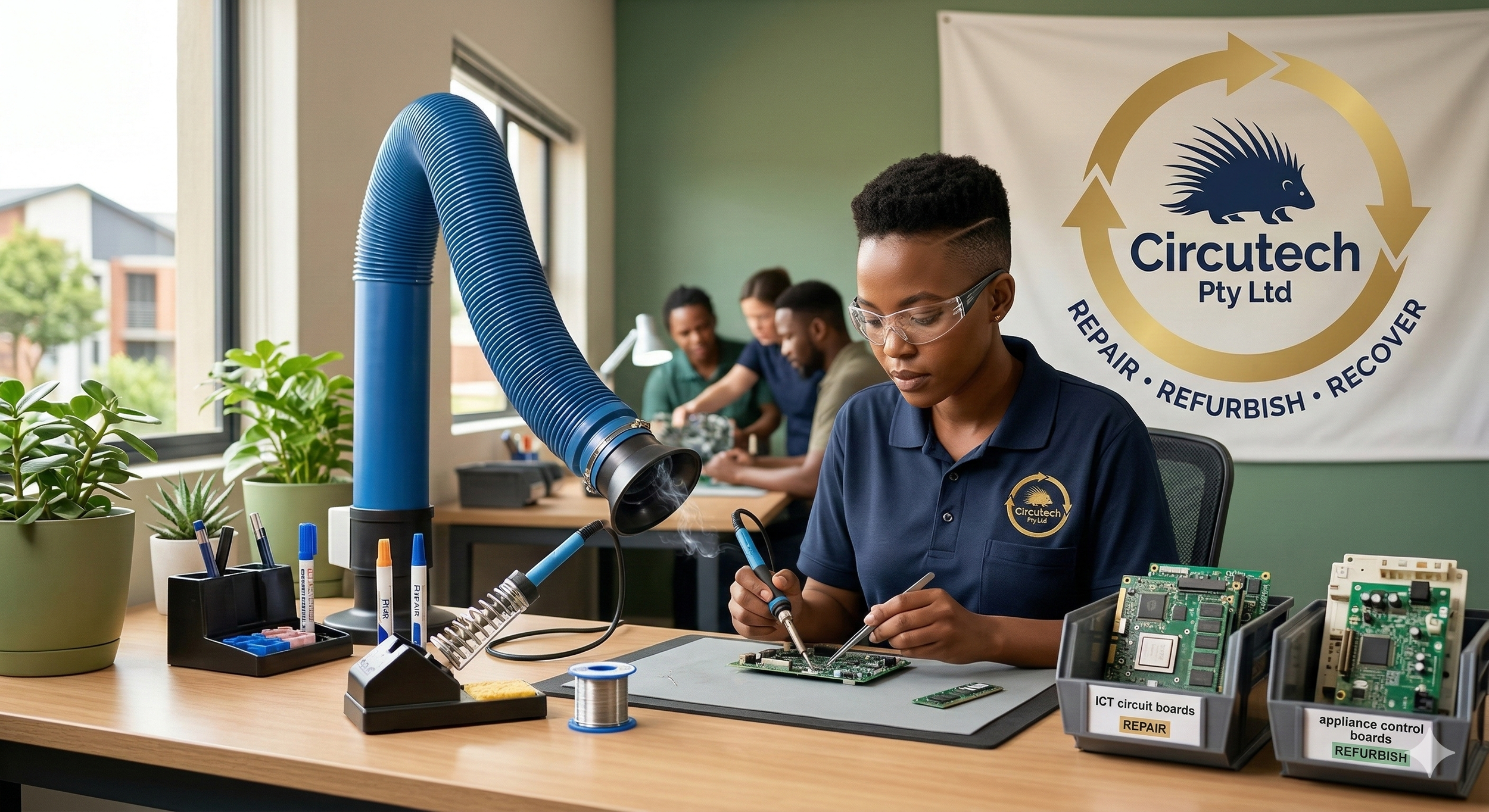 A woman working on electronic circuit boards at a repair workshop, with a blue exhaust hose above her, in a room with large windows and a 'Circutech Pty Ltd' banner in the background.