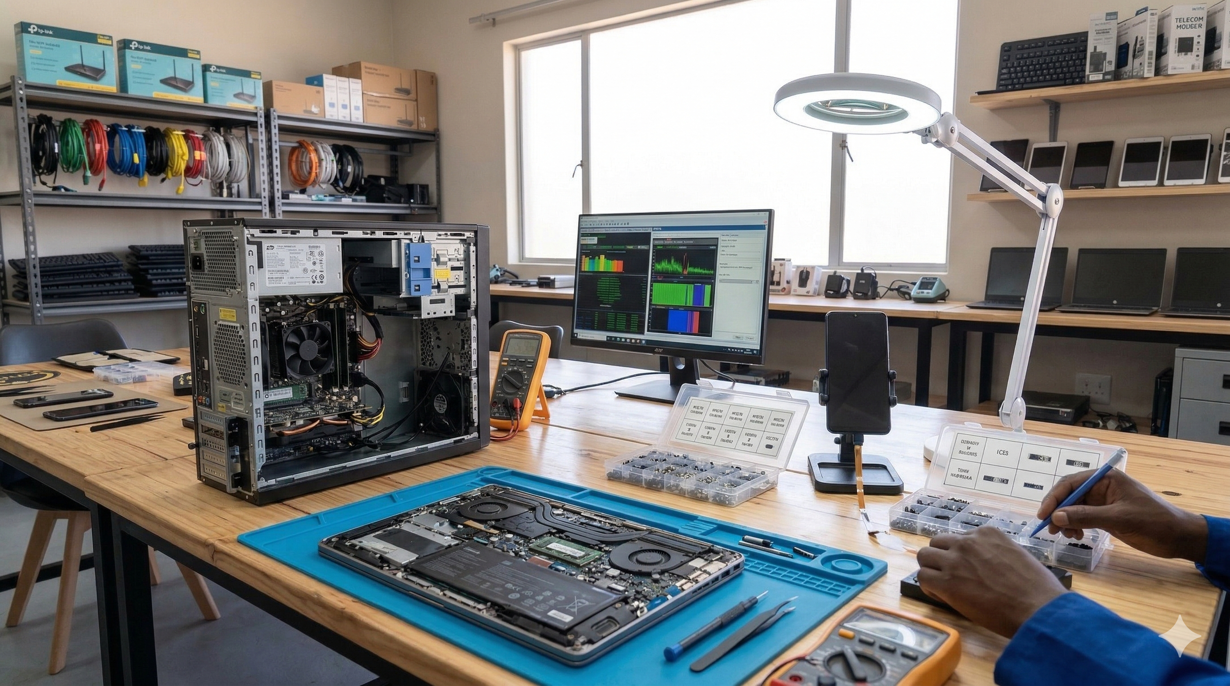 A technician working on disassembled laptop computers and electronic devices at a workbench in a repair shop or laboratory, with tools, a computer monitor displaying data, and electronic components around.