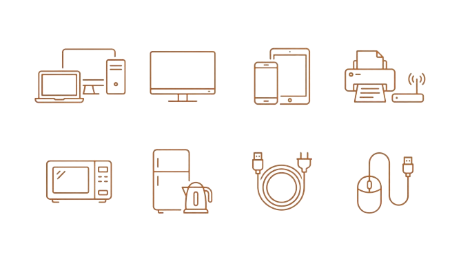 Illustration of various electronic devices, including a desktop computer, monitor, smartphone, tablet, printer, microwave, refrigerator, power cord, and a wireless mouse.