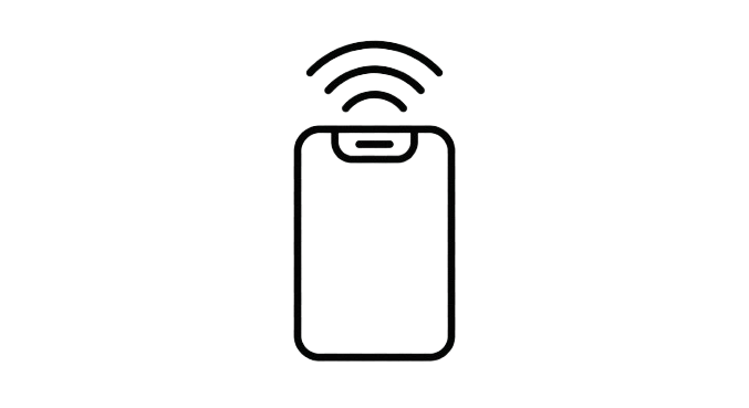 Line drawing of a smartphone with Wi-Fi signal waves above it.
