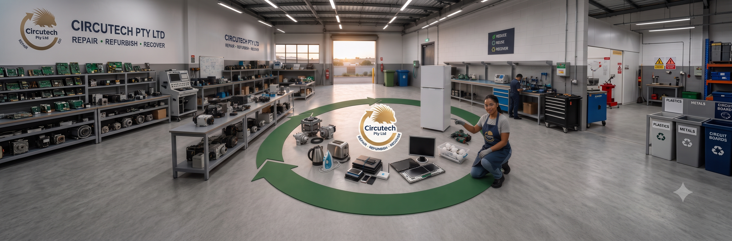 Interior of a repair shop with shelves of electronic components, tools, and recycled electronics, featuring the Circuttech logo and recycling message, with employees working and repairing electronic devices.