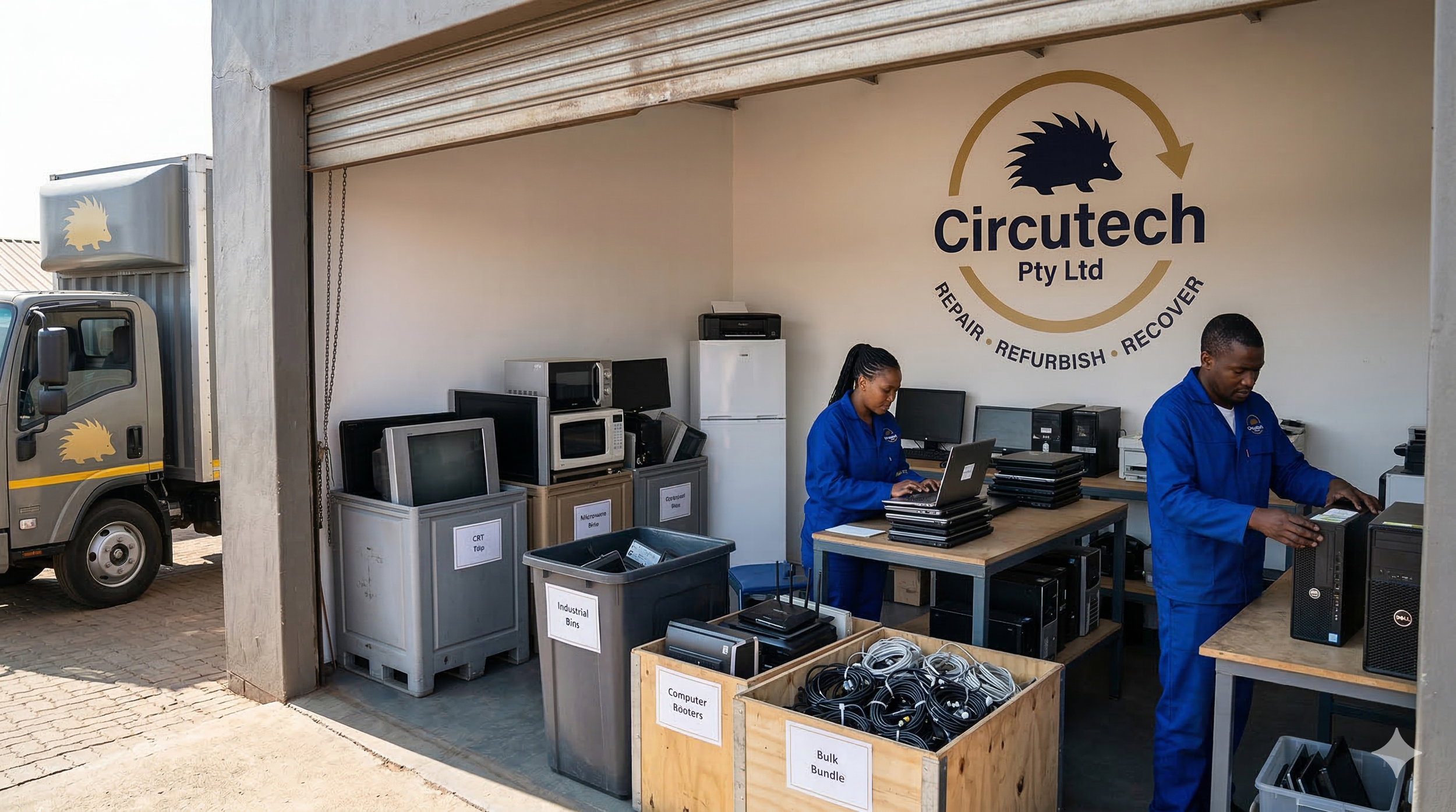 Employees working in a computer refurbishment shop called CircuTech Pty Ltd, with computer parts and electronic equipment on tables and shelves, and a delivery truck outside.