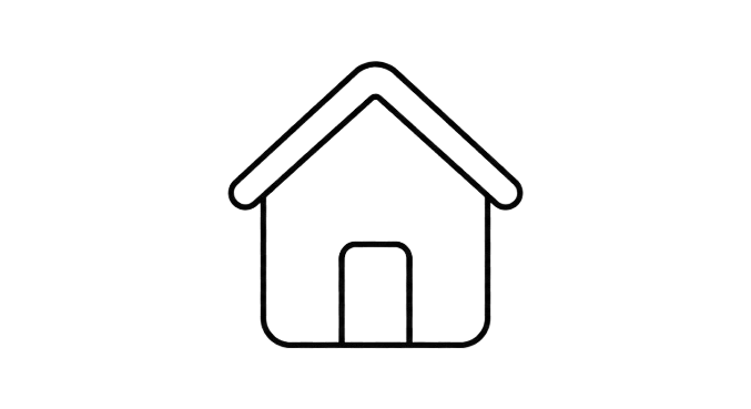Line drawing of a house with a gabled roof and a door.