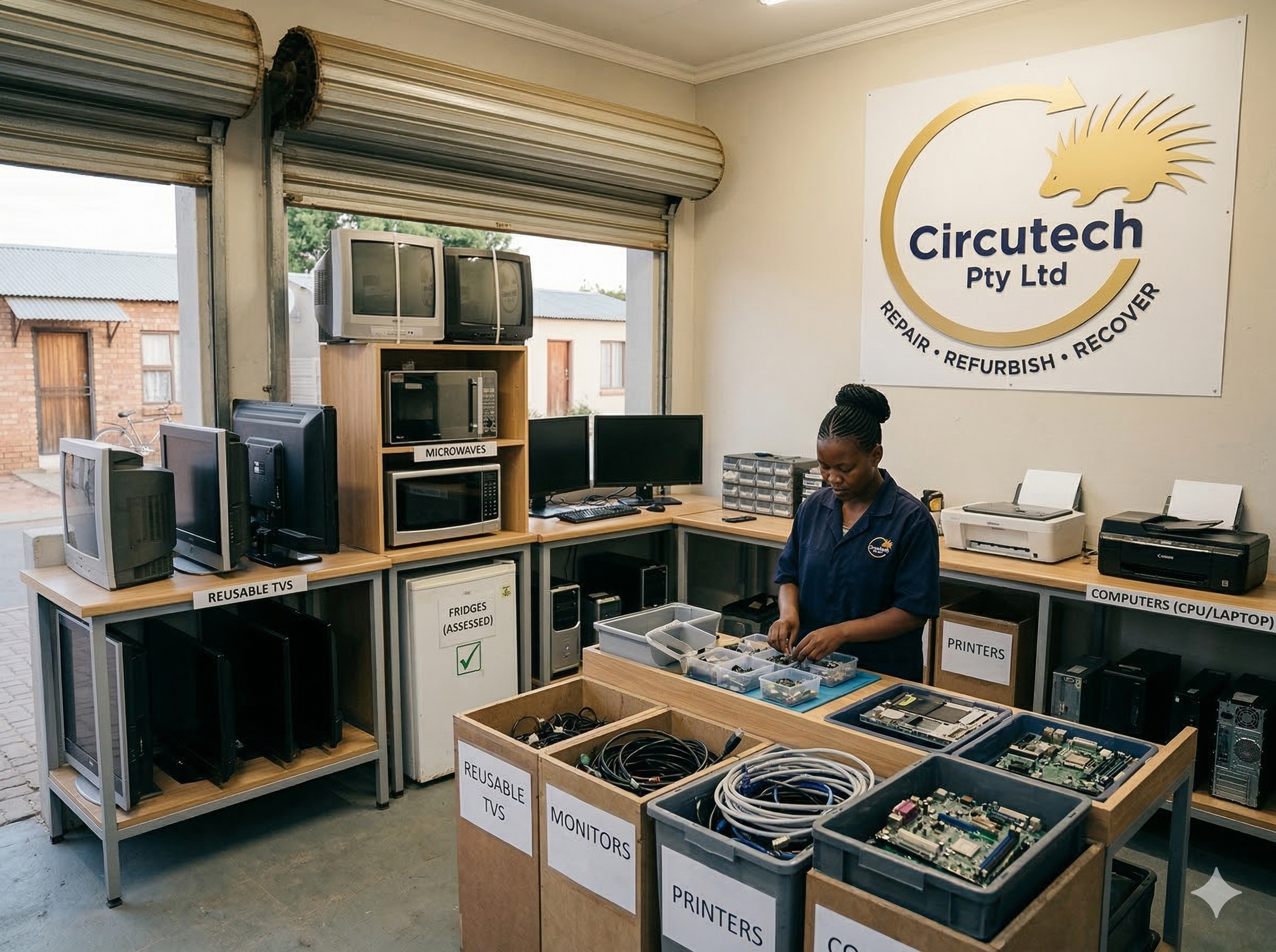 Inside a store with electronic items and repair services. There are multiple computer monitors, printers, microwaves, and other electronics on labeled shelves, with a woman working at a station with various electronic parts and tools.