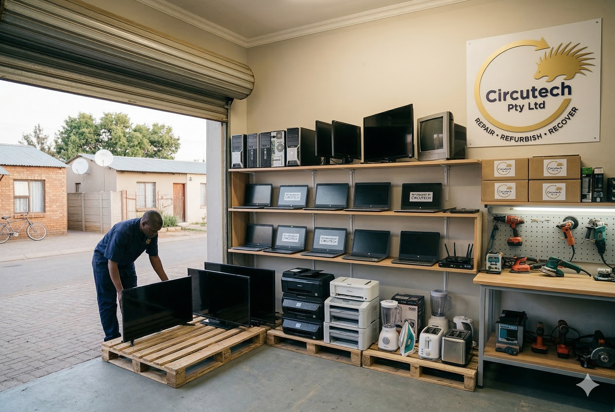 Inside a store with shelves of electronics and tools, a man is assembling a TV on a wooden pallet outside the store, with a large sign for Circutech Pty Ltd on the wall.