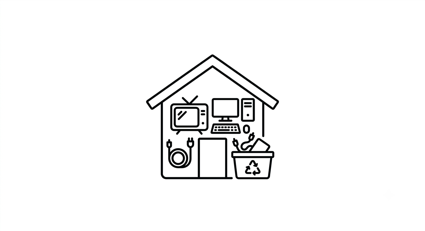 Line drawing of a house with electronic devices, a recycling bin, and an electrical cord.