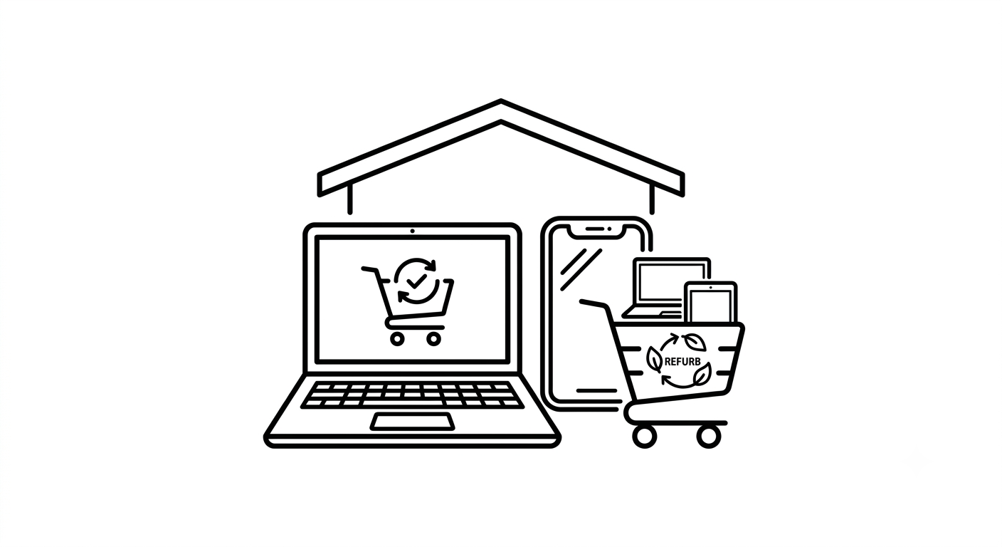 Line drawing of electronic devices including a laptop, smartphone, tablet, and shopping cart, with a simple house outline above.