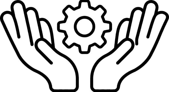 Outline of two hands holding a gear symbol.