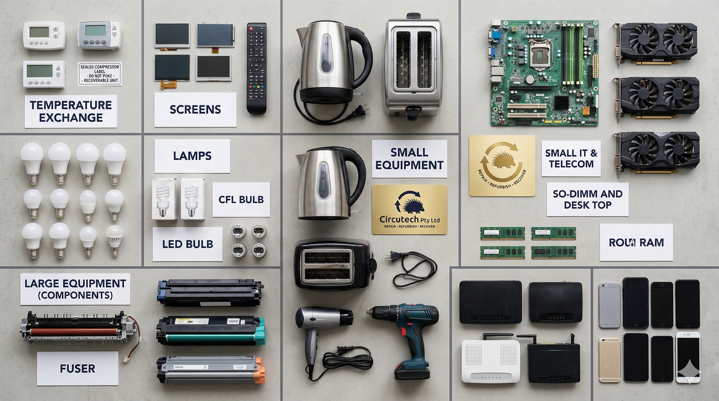 Collection of electronic and small appliances organized with labels including thermostats, screens, lamps, small equipment, and computer components.