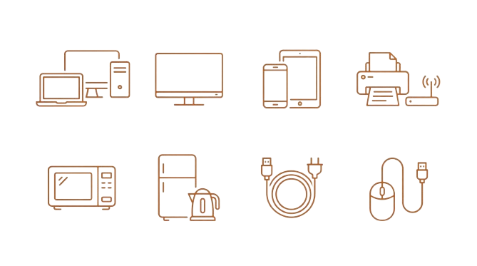 Line drawing of various electronic devices, including a desktop computer, laptop, monitor, tablets, printer, microwave, refrigerator, power cord, and charging cables.