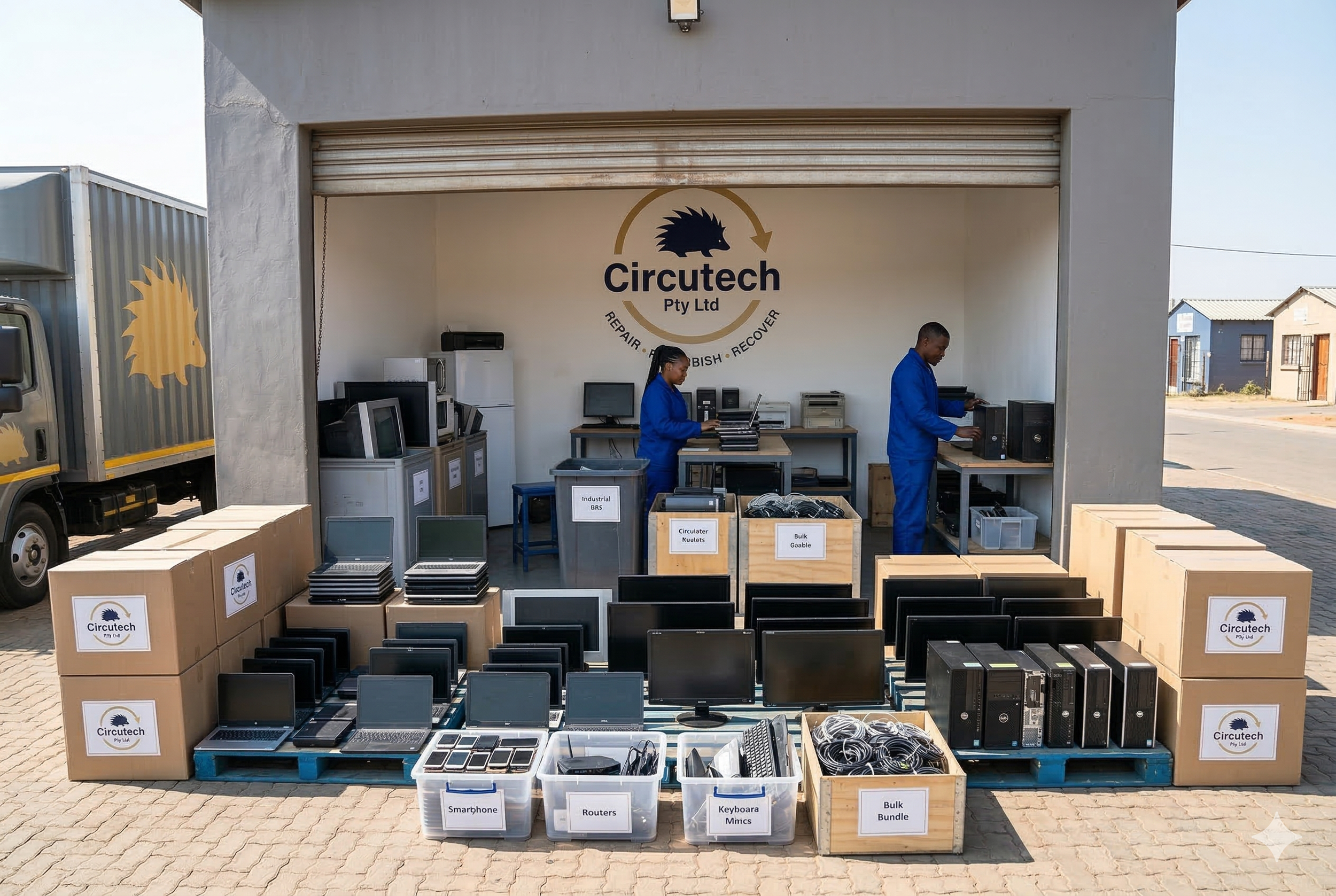 An outdoor electronics recycling and refurbishment business called Circutach. The business has various electronic devices such as laptops, desktops, monitors, routers, keyboards, smartphones, and cables organized on tables and in labeled boxes. Two workers in blue uniforms are sorting or preparing items. The background shows a wall with the company logo and a partially open metal roller shutter.