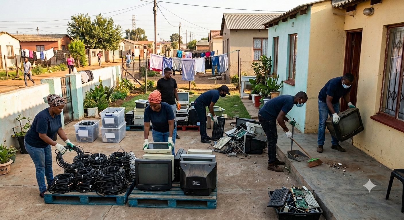 People cleaning discarded electronics, including monitors, televisions, and cables, outside a house in a neighborhood with laundry hanging to dry in the background.