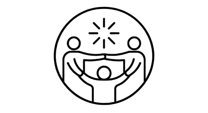 A line drawing of a happy family of three, inside a circle, with a sun or starburst symbol above them.