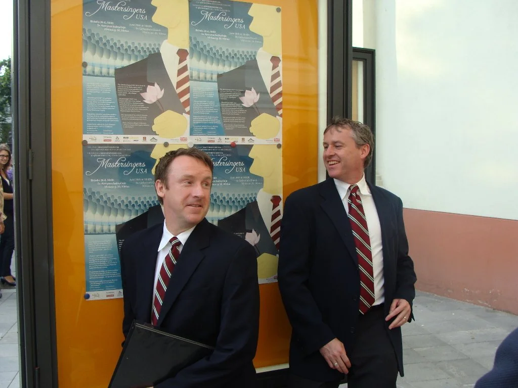 Tommy and David seeing how their concert attire matches up to our Mastersingers USA Posters. It does. 