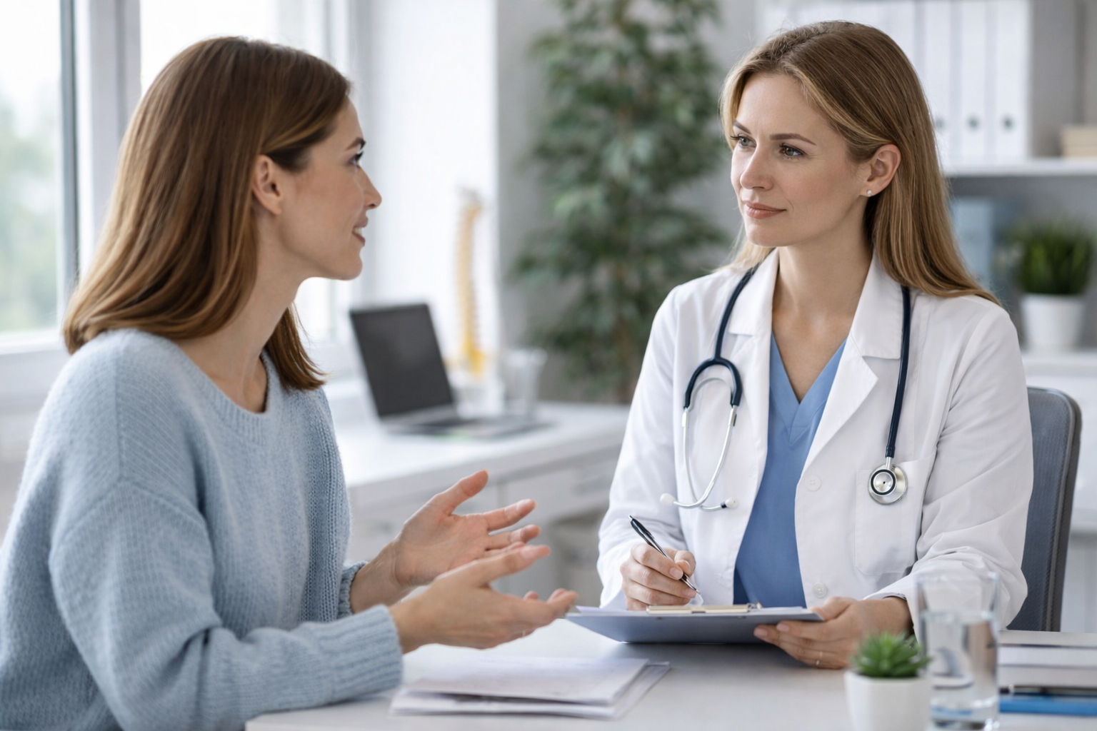 Woman talking to her doctor about medical records