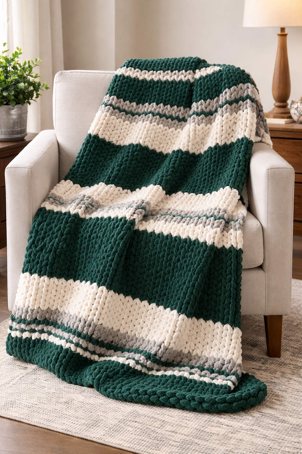 Large Chunky Knit Blanket – Striped Design