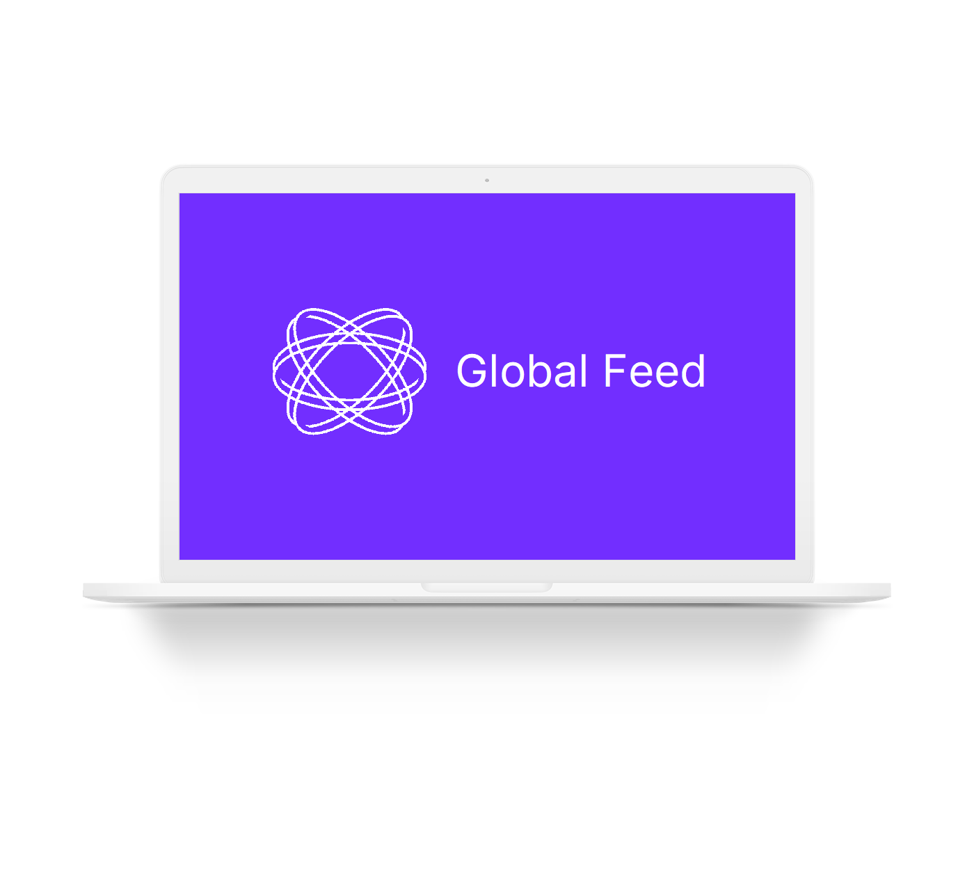 A gray laptop displaying a blue screen with a white abstract interconnected lines logo and the words "Global Feed".