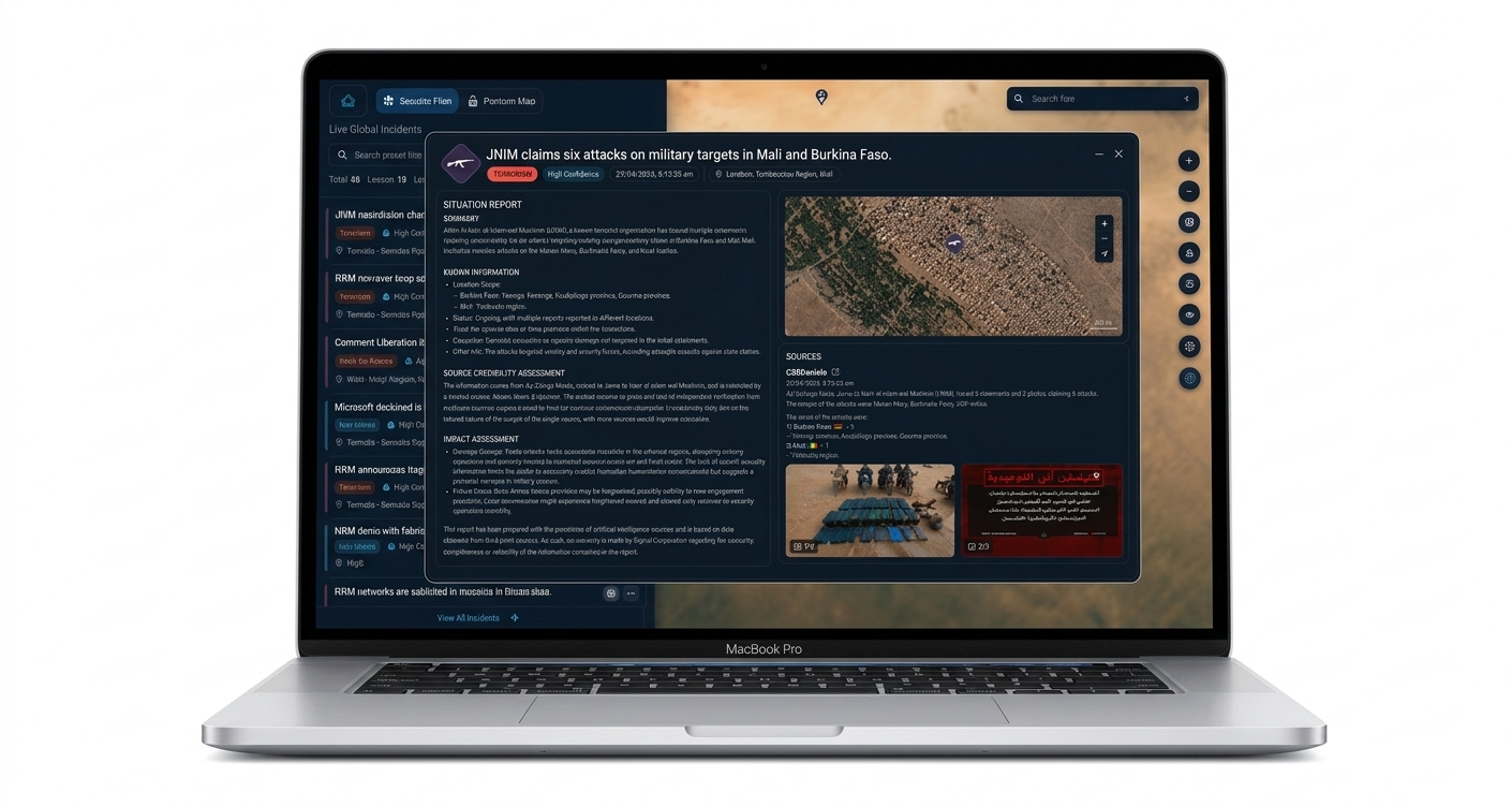 A gray MacBook Pro laptop displaying a military intelligence report about attacks in Mali and Burkina Faso, with a map, some images, and text in multiple sections on the screen.