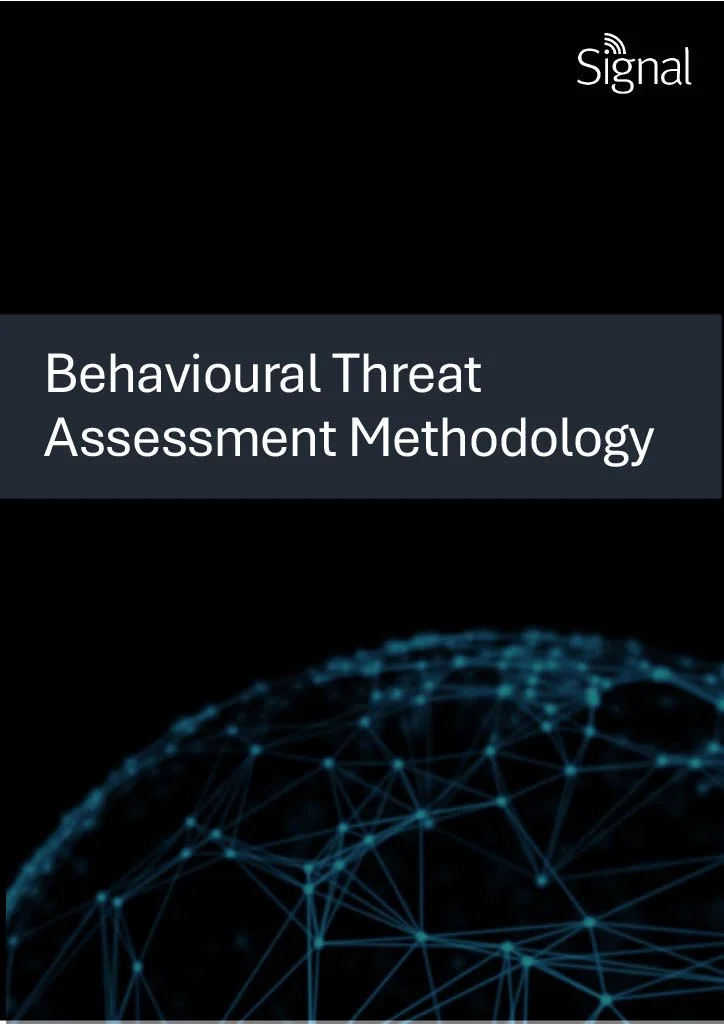 Cover page of a professional report titled 'Behavioural Threat Assessment Methodology' by Signal, with a digital globe with interconnected blue lines at the bottom.