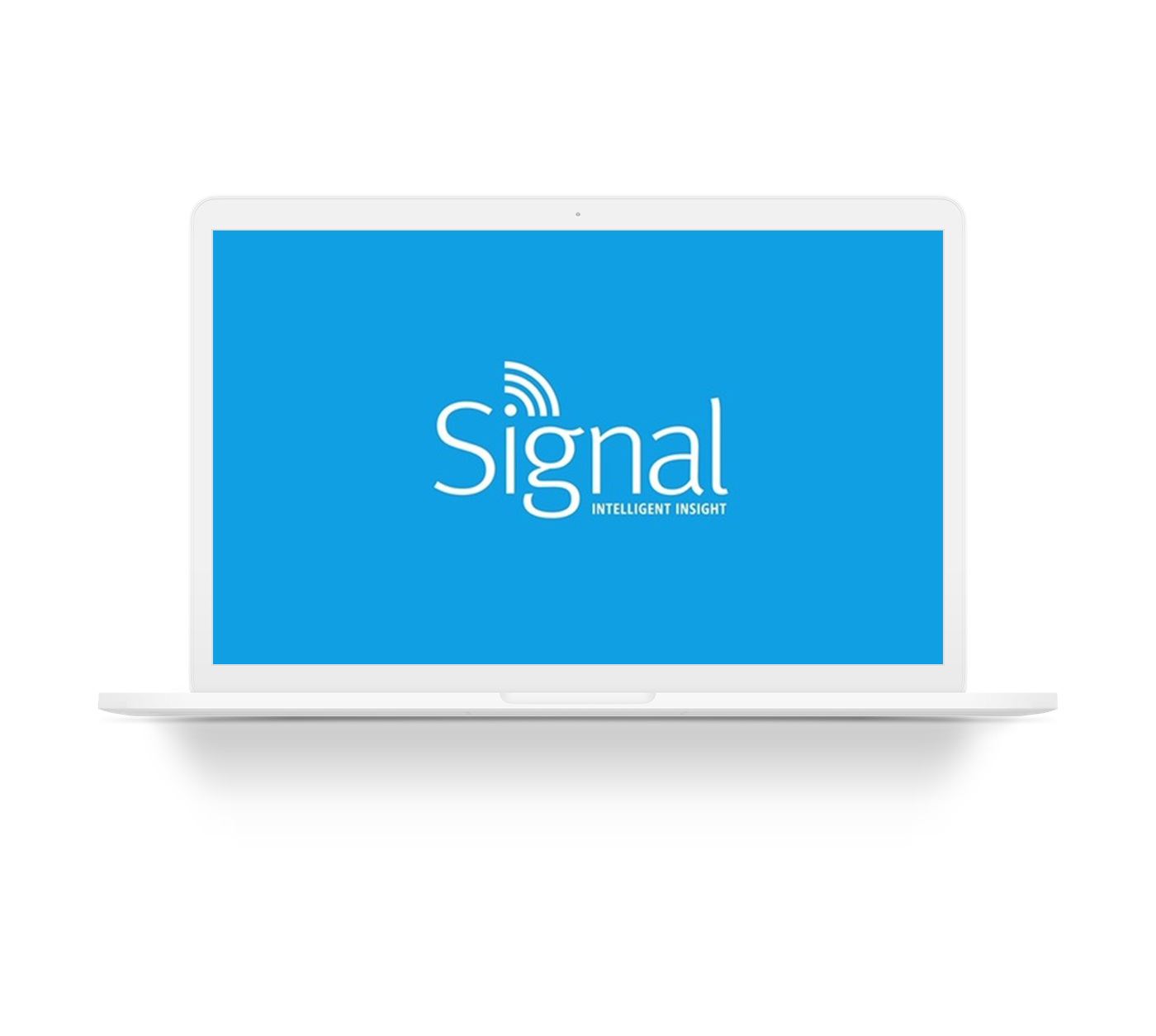 A white laptop displaying the Signal logo on a blue background with the words 'signal' and 'INTELLIGENT INSIGHT'.