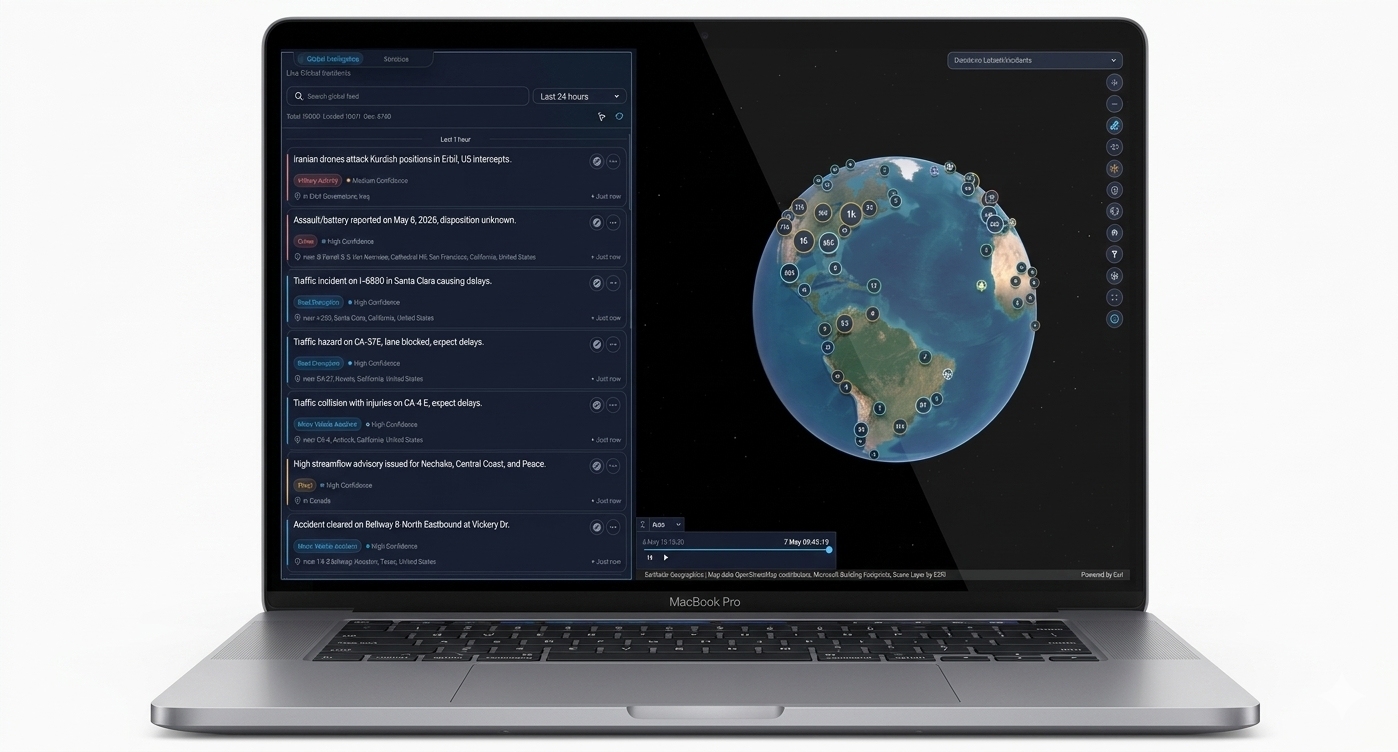 A MacBook Pro displaying a global intelligence dashboard with a dark-themed interface. The screen shows a 3D globe centered on the Americas, surrounded by various data points, alongside a sidebar listing recent events and alerts related to traffic, drone attacks, and advisory updates.