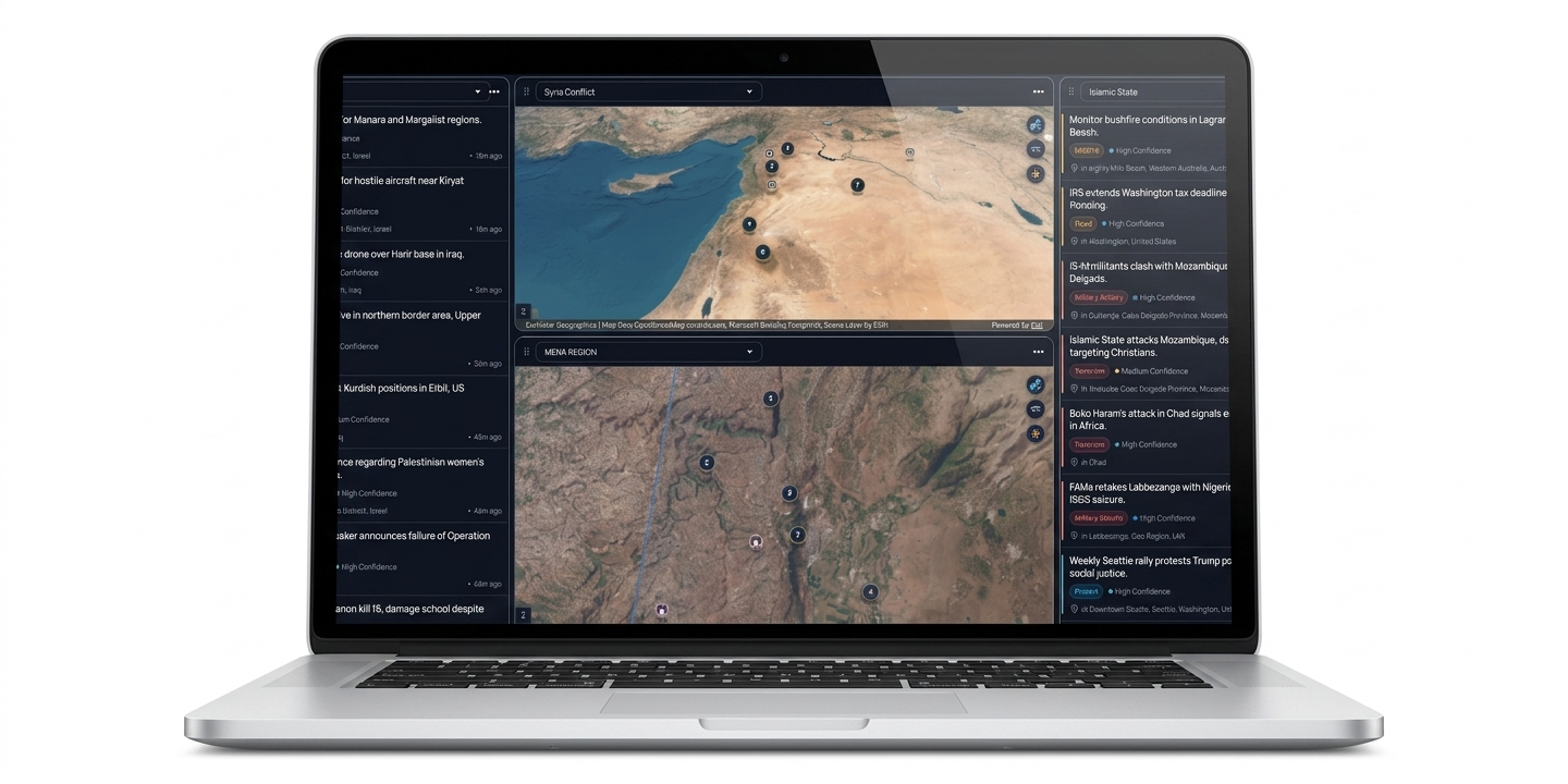 A laptop displaying a global map with highlighted geopolitical regions, news headlines, and icons indicating locations of interest or events.
