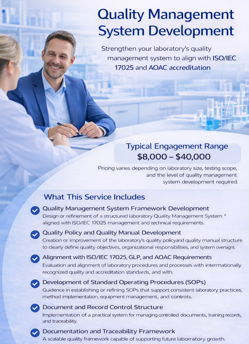 ISO/IEC 17025 laboratory quality management system development consulting helping laboratories design and implement compliant QMS frameworks.